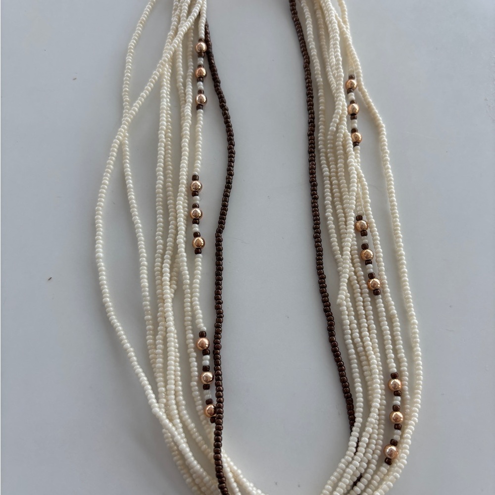 Cream and Brown Beaded Necklace with Gold Clasp